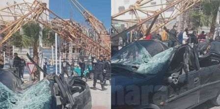 Tunisia – Nabeul: Fall of construction crane on cars