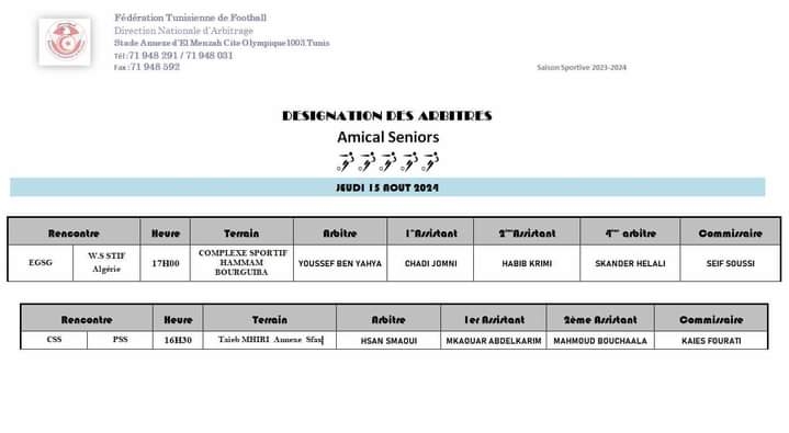 Matches amicaux : arbitres des matches de jeudi