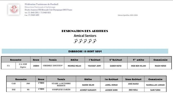 Matches amicaux : arbitres des matches de dimanche