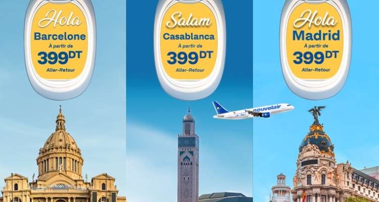 Nouvelair : Vols à 399DT vers Casablanca, Madrid et Barcelone